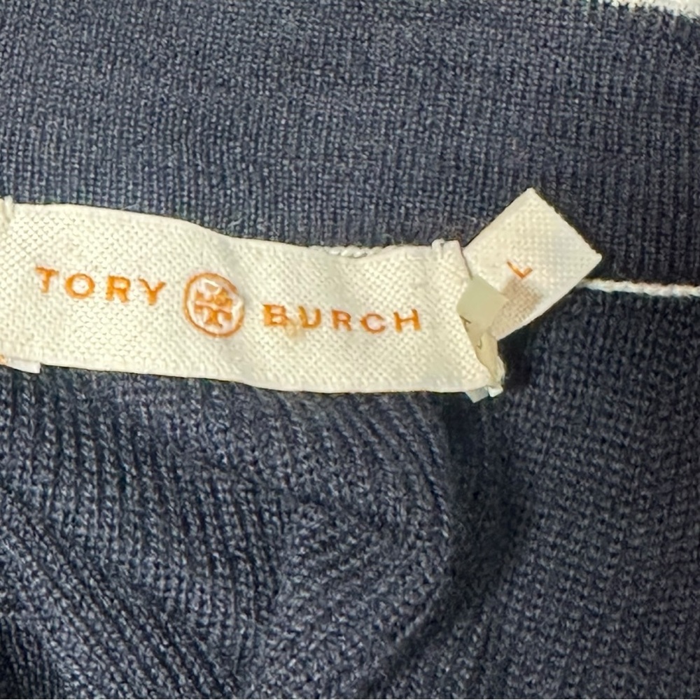 Tory Burch Merino Wool Printed Cardigan Sweater Large Navy Blue Sequins V-Neck - Picture 10 of 13